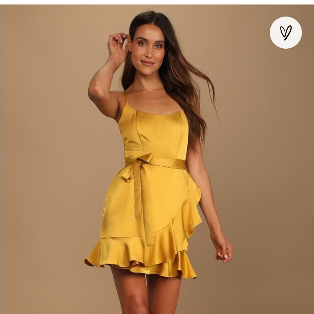 Lulu’s Glamourous Lifestyle Mustard Yellow Satin Faux-Wrap Mini Dress